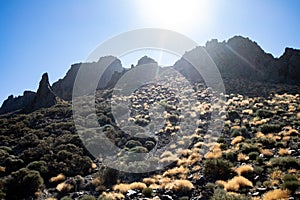 Natural landscape with desert and volcano rocks in Tenerife. Hiking in natural park