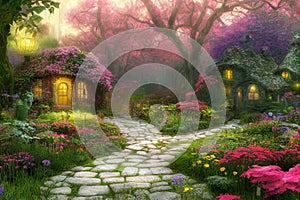 Natural landscape of a fairy tale country, with houses and flowers. Cartoon style. Advertising for books, illustrations and