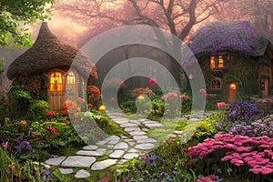 Natural landscape of a fairy tale country, with houses and flowers. Cartoon style. Advertising for books, illustrations and