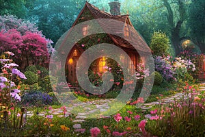 Natural landscape of a fairy tale country, with houses and flowers. Cartoon style. Advertising for books, illustrations and