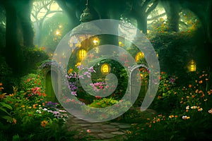 Natural landscape of a fairy tale country, with houses and flowers. Cartoon style. Advertising for books, illustrations and