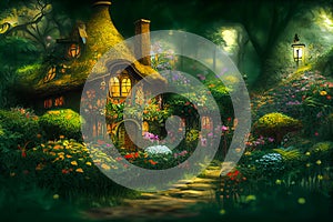 Natural landscape of a fairy tale country, with houses and flowers. Cartoon style. Advertising for books, illustrations and