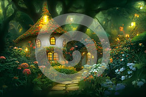 Natural landscape of a fairy tale country, with houses and flowers. Cartoon style. Advertising for books, illustrations and