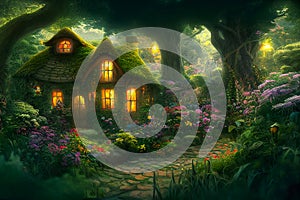 Natural landscape of a fairy tale country, with houses and flowers. Cartoon style. Advertising for books, illustrations and