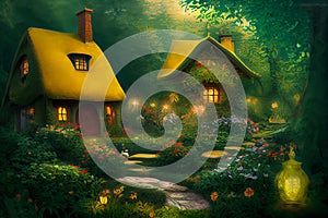 Natural landscape of a fairy tale country, with houses and flowers. Cartoon style. Advertising for books, illustrations and