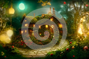 Natural landscape of a fairy tale country, with houses and flowers. Cartoon style. Multi colored fairy lights for the Christmas