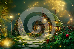 Natural landscape of a fairy tale country, with houses and flowers. Cartoon style. Multi colored fairy lights for the Christmas