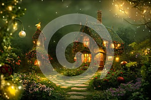 Natural landscape of a fairy tale country, with houses and flowers. Cartoon style. Multi colored fairy lights for the Christmas