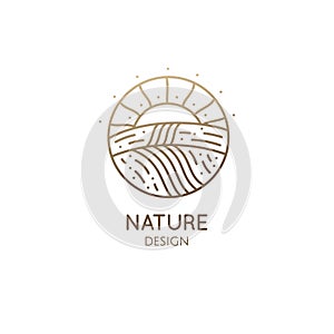 Natural landscape, fields and sun at sunset. Vector linear logo farm template, fertile fields planted with eco products