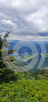 Natural landscape in the foothills of the High Tatras in the north of Slovakia in early summer with wide valleys and green meadows