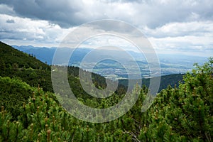 Natural landscape in the foothills of the High Tatras in the north of Slovakia in early summer with wide valleys and green meadows