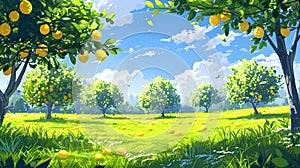 A natural landscape with lemon trees under a blue sky