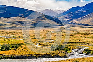 Natural landscape of Los Glaciares National Park with high mountain and river