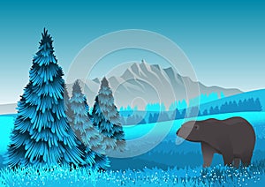 Natural landscape with mountain, meadow and cedars and a bear.