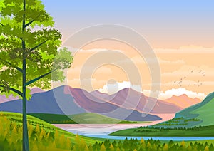 Natural landscape with mountains, coniferous forest, pine trees and a river meandering. Illustration.