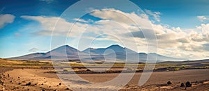 Natural landscape with mountains, grassland, and cumulus clouds in the blue sky