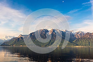 Natural Landscape Scenery View of Lake Geneva and Swiss Alps at Switzerland, Nature Scenic Horizontal Waterfront of Lake at