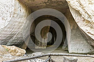 Natural Landscapes of The Neapolis Archaeological Park Grotta dei Cordari in Syracuse, Sicily, Italy.