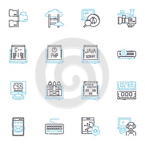 Natural language linear icons set. Syntax, Semantics, Morphology, Pragmatics, Discourse, Phonology, Lexicon line vector