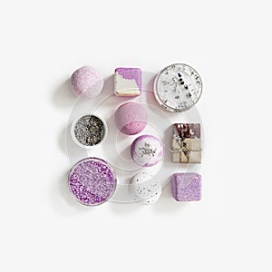 Natural Lavender essential fragrance aromatherapy, bath bomb, soap, jar with sea salt and dried lavender flowers. Herbal