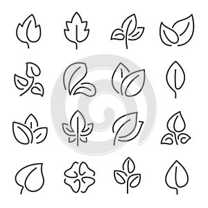 Natural leaf line icons. Young leaves of plants, forest tree leafs and eco greens fertilizer vector outline pictogram symbol set
