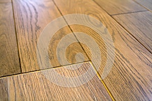 Natural light brown wooden parquet floor boards. Sunny soft yellow texture, copy space perspective background