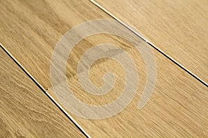 Natural light brown wooden parquet floor boards. Sunny soft yellow texture, copy space perspective background