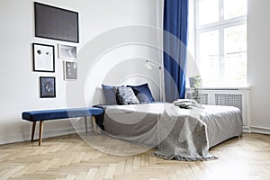 Natural light coming through a large window into a white and navy blue bedroom interior with cozy bed and wooden floor