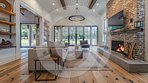 Natural light floods the farmhouseinspired living room highlighting the warm wood flooring and exposed brick fireplace