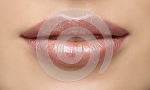 Natural Lip Close up. Pink Lipstick Make up. Perfect Plump Full Lips Macro. Beauty Women Mouth Makeup with Nude Lip Gloss