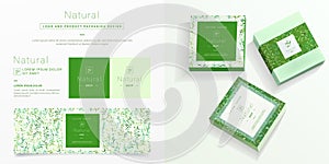 Natural logo and packaging design template. Natural soap package mockup created by vector. Watercolor green leaf pattern for