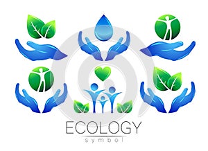 Natural logo vector design set. Hands leaves water and peple on white background. Green and blue colors. Sign for