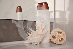 Natural loofah sponge, seashell and bottle of shower gel on washbasin in bathroom