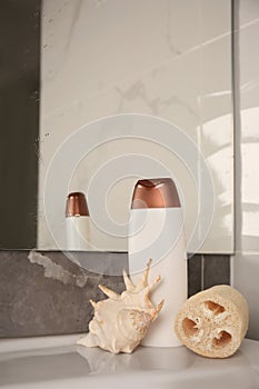 Natural loofah sponge, seashell and bottle of shower gel on washbasin in bathroom, space for text