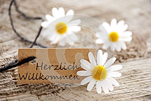 Natural looking label with herzlich willkommen