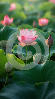 Natural lotus flower stands tall amidst a field of green leaves and budding flowers under soft daylight, exuding a sense of growth