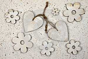 Natural love decoration with, wooden hearts hand made paper