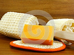 Natural luff sponge with orange soap