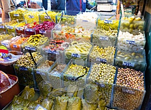 Natural marinades and pickles on Turkish market counter