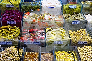 Natural marinades and pickles on Turkish market counter