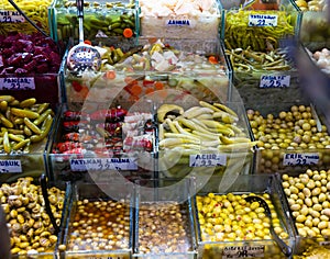 Natural marinades and pickles on Turkish market counter