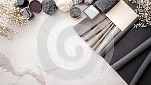 Natural materials are neatly arranged on a table, highlighting textures in neutral tones for an inspired interior design