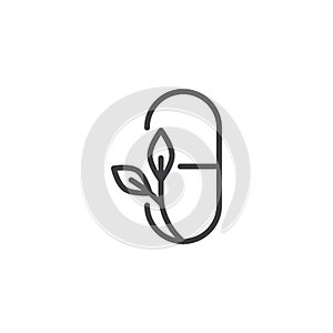 Natural medical pills with leaves outline icon