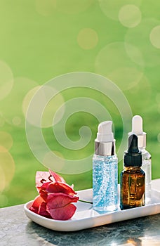 Natural medicine or aroma oil concept vials with dropper