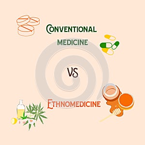 Natural medicine chest. Conventional VS herbal med photo