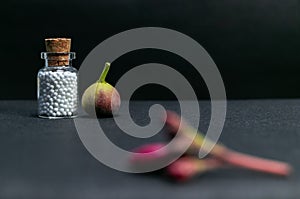 Natural medicine concept - Homeopathic medicine bottle of pills with wild fruit and blurred flower image on dark background