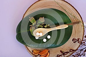 Natural Medicine concept: Vitamin herb pills next to a bamboo spoon on top of a leaf