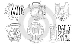 Natural Milk Hand Drawn Retro Labels Set, Daily Fresh Organic Product Monochrome Badges Vector Illustration