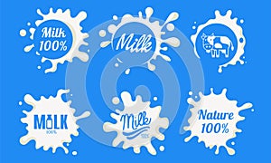 Natural Milk Logo Templates Set, Organic Dairy Product Labels Vector Illustration