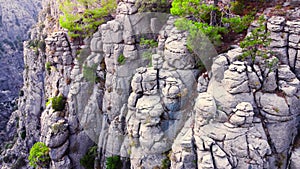 Natural miracle, Mountains Valley landscape with Forest and Trees, epic aerial drone flight over Huge Cliff and Rocks